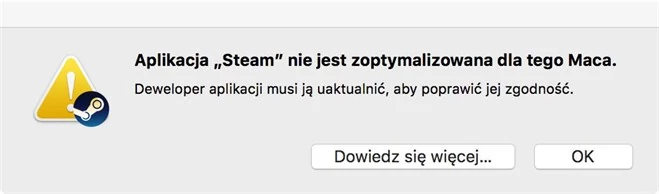 Komunikat wyświetlany przez macOS High Sierra w przypadku uruchamiania 32-bitowych aplikacji