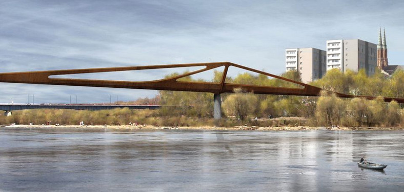 Kładka pieszo-rowerowa w Warszawie, projekt Schuessler-Plan Inżynierzy, który zajął pierwsze miejsce w międzynarodowym konkursie na projekt mostu