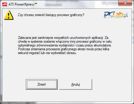 Przy przechodzeniu z zasilania sieciowego na akumulator (i odwrotnie) za każdym razem należy potwierdzić, czy chce się zmienić aktywny układ graficzny z zewnętrznego na zintegrowany. To trochę uciążliwe