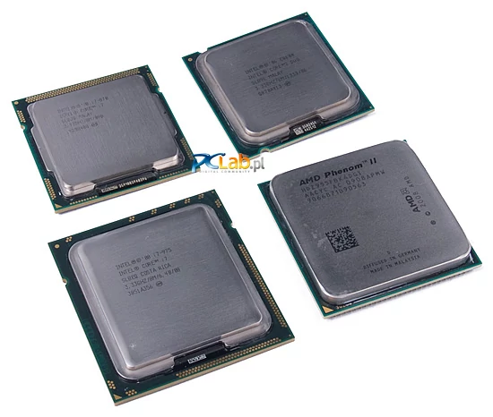 Porównanie procesorów. Od góry, zgodnie z ruchem wskazówek zegara: LGA775, AM3, LGA1366, LGA1156