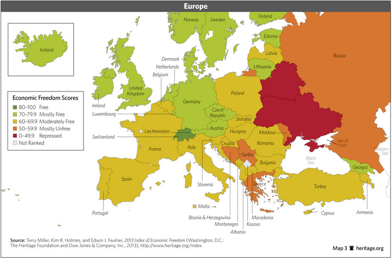 Indeks Wolności Gospodarczej 2013 - Europa, źródło: Heritage Foundation.