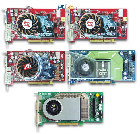 Patrząc od góry z lewej widzimy: RADEON X800 XT, RADEON X800 PRO (pierwszy rząd), RADEON 9800 XT, GeForce FX 5950 Ultra (drugi rząd), GeForce 6800 Ultra (trzeci rząd)