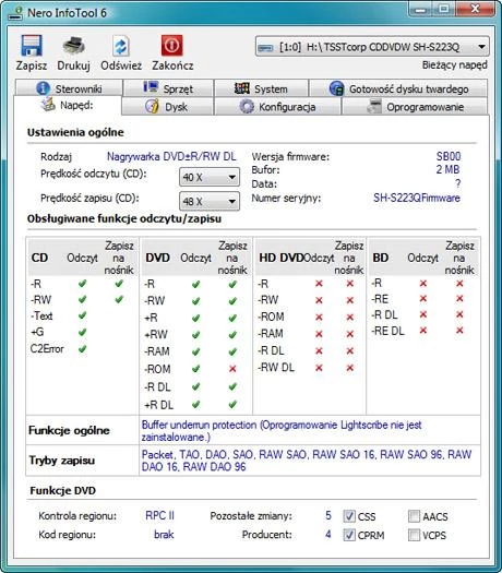 Informacje o napędzie optycznym uzyskanym za pomocą programu Nero InfoTool 6