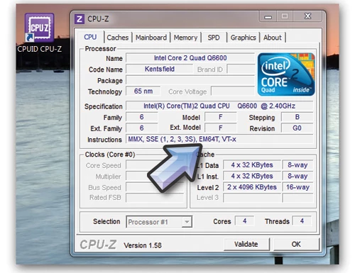 Program diagnostyczny CPU-Z: każdy nowoczesny procesor potrafi wykonywać 64-bitowe instrukcje  - EM64T (modele firmy Intel) lub AMD64 (układy AMD)