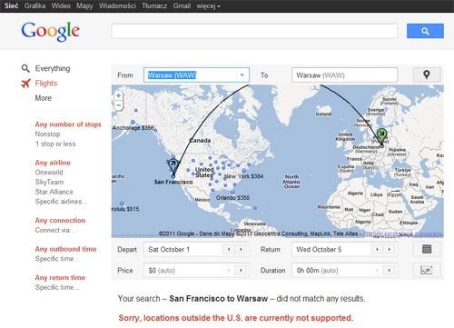 Póki co usługa Google pozwala wyszukiwać loty jedynie pomiędzy wybranymi amerykańskimi miastami
