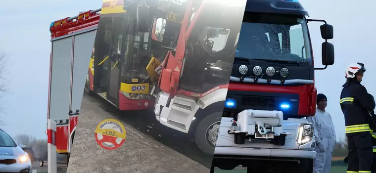 Zderzenie autobusu miejskiego z wozem strażackim w Łodzi. Trzy osoby ranne [WIDEO]