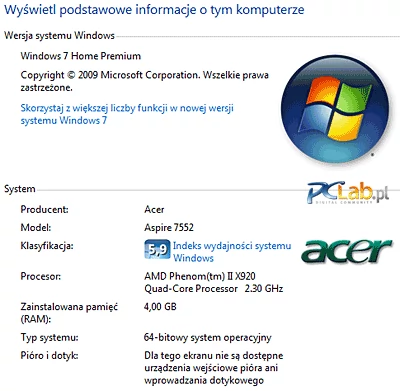 System to Windows 7 w wersji Home Premium (oczywiście 64-bitowy). Rozmiar pamięci to 4 GB