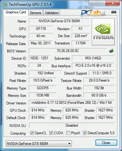 Karta graficzna to Nvidia GeForce GT 560M z 1,5 GB pamięci