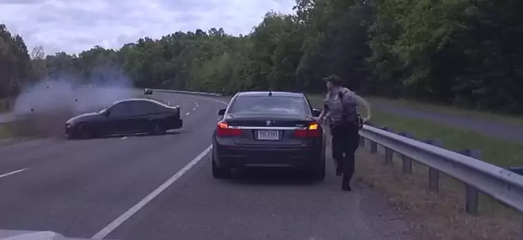 Policjant cudem uniknął najgorszego. W porę zauważył rozpędzone auto [WIDEO]