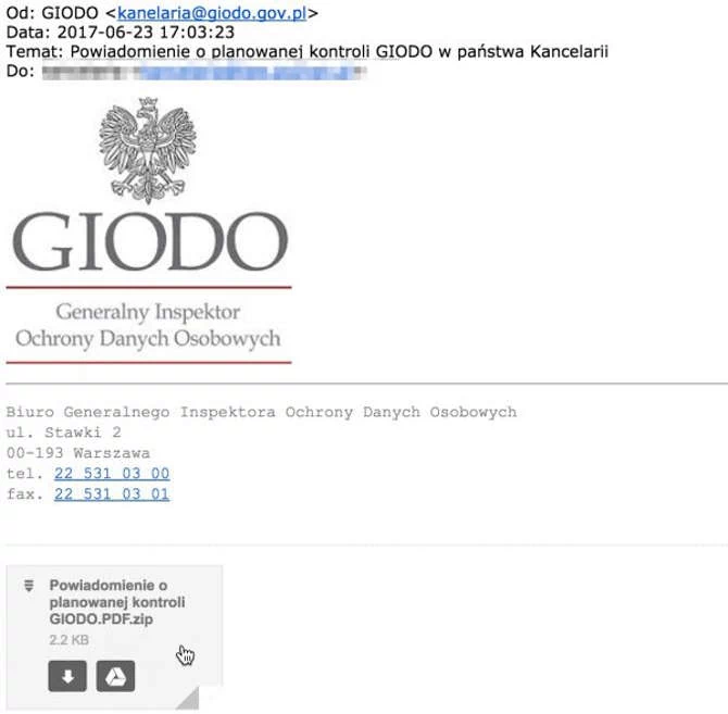 Fałszywa wiadomość od GIODO