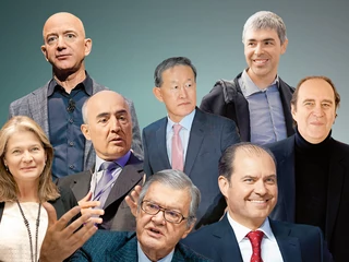 Globalni milarderzy. U góry od lewej: Jeff Bezos, Chang-Soo Huh, Larry Page, Charlene de Carvalho-Heineken, Rafael del Pino Calvo-Sotelo, Andre Soares Dos Santos, Carlos Fernández González, Xavier Niel