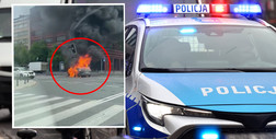 Samochód elektryczny spłonął na środku skrzyżowania w Warszawie. Mamy nagranie