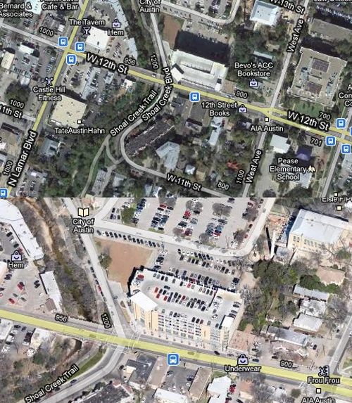Austin, stan Texas. Zdjęcie u góry przestawia fotografię satelitarną. Po większym zbliżeniu, Google maps przełącza się w tryb 3D - zdjęcie wykonał UAV