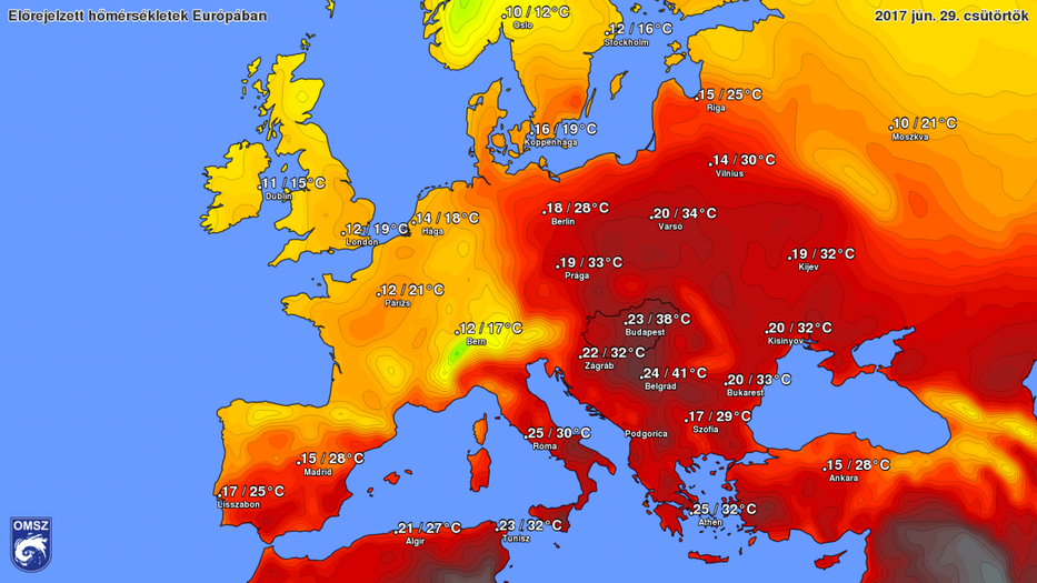 Hőmérséklet térkép  OMSZ/Facebook