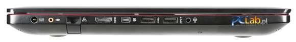 Lewa strona: gniazdo zasilacza, gniazdo subwoofera, RJ-45, HDMI, mini-DisplayPort, 2 × USB 3.0, gniazdo audio