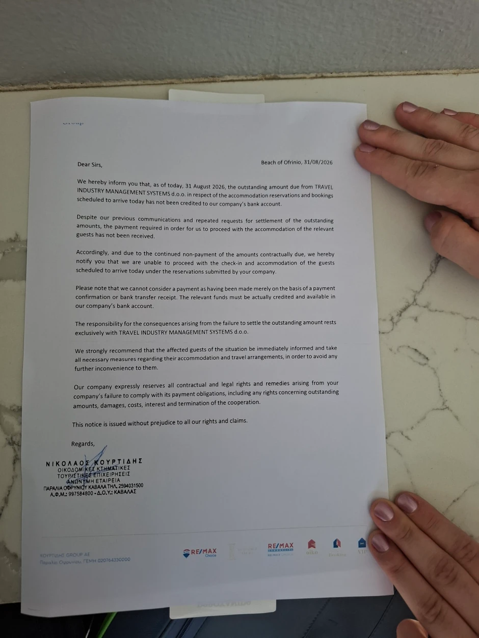 Dopis grčke agencije, srpskoj agenciji koji je dat turistima na uvid