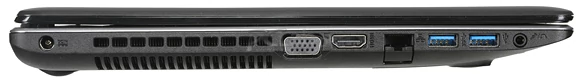 Lewa strona: gniazdo zasilacza, D-sub, HDMI, RJ-45, 2 × USB 3.0, audio