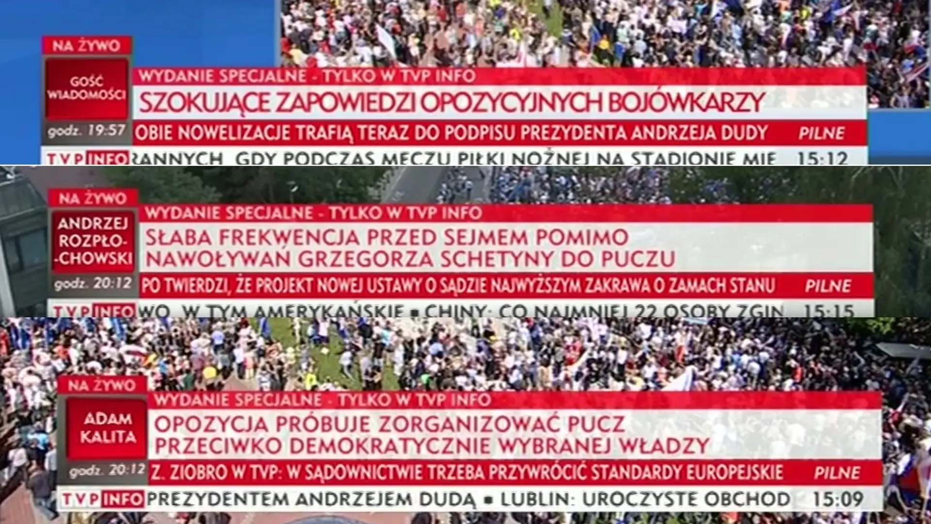 Pod Sejmem spokojnie, a TVP Info mówi o próbie puczu. Propagandowy odlot