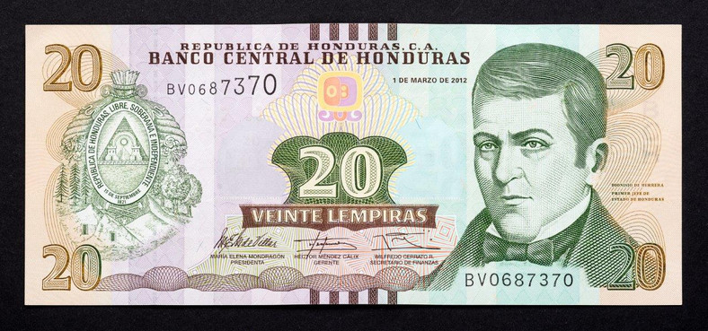 Lempira, awers. Banknot z Hondurasu produkowany w Polsce przez PWPW