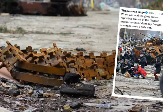 Reporterzy wojenni tłoczyli się, żeby zrobić zdjęcie kota. Symboliczne zdjęcie spod Kijowa