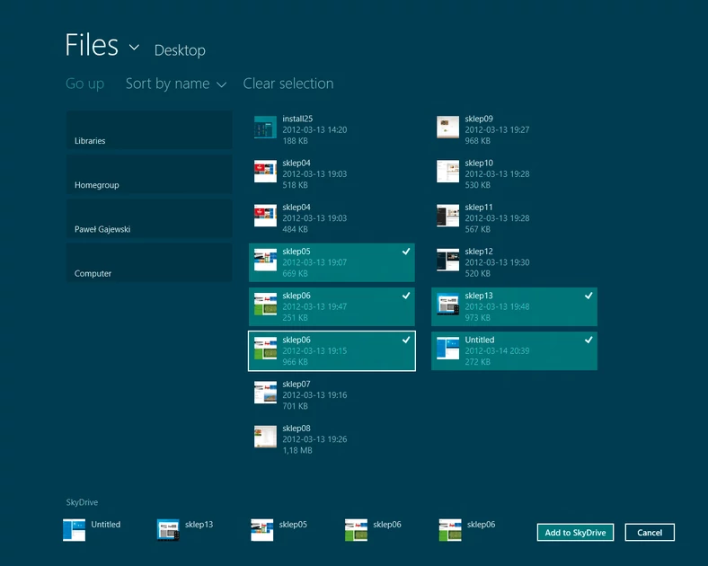 Kliknij na przycisk i prześlijDzięki aplikacji SkyDrive w Windows 8 kilkoma kliknięciami prześlemy na nasz internetowy dysk zdjęcia, dokumenty, muzykę, filmy, aby mieć dostęp do nich z dowolnego komputera i urządzenia mobilnego.