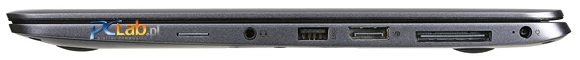Prawa strona: slot SIM, audio, USB 3.0, DisplayPort, złącze stacji dokującej, gniazdo zasilania