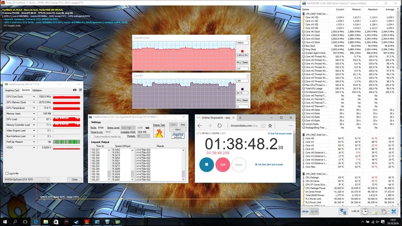 Taktowanie CPU i GPU po 100 minutach obciążenia: CPU – 2900 MHz, GPU – 1582 MHz