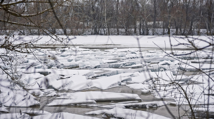 A Tisza több szakaszán és 
más folyókon is a feltorlódott jég miatt emelkedik
a víz szintje/Fotó:MTI Balázs Attila