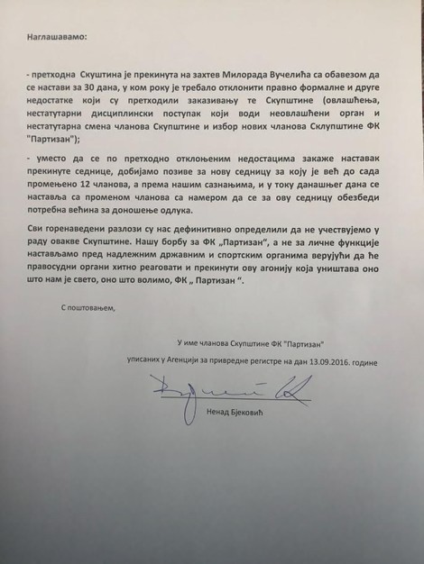 Poslednja stranica saopštenja, sa potpisom Nenada Bjekovića