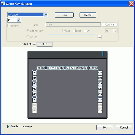 Macro Key Manager – umożliwia zmianę przypisania klawiszy funkcyjnych tabletu (K1-K27)