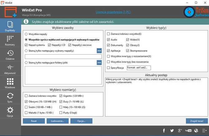 Główne okno programu do usuwania zduplikowanych plików - WinExt Pro