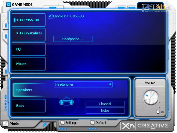 Przykładowe ustawienie aplikacji Creative Console Launcher podczas korzystania ze słuchawek stereofonicznych