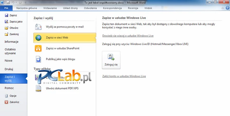 MS Word 2010 – zapisanie dokumentu na dysk SkyDrive (kliknij, aby powiększyć)