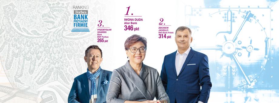 Od lewej: 3. Przemysław Gdański, Bank BNP Paribas, 265 pkt; 1. Iwona Duda, Alior Bank, 346 pkt; 2. Zbigniew Jagiełło, PKO Bank Polski, 314 pkt