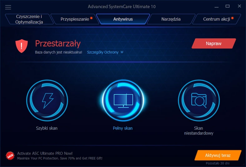 Główne okno rozbudowanego programu do optymalizacji systemów operacyjnych Windows - Advanced SystemCare Ultimate