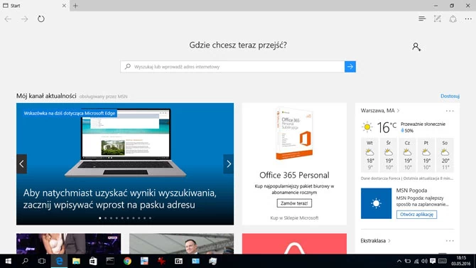 Edge to nowa przeglądarka internetowa wbudowana w Windows 10, następca Internet Explorera. Ma sporo nowych, ciekawych funkcji, między innymi pozwala na robienie notatek na przeglądanych witrynach i na sporządzanie list stron do przeczytania na później.