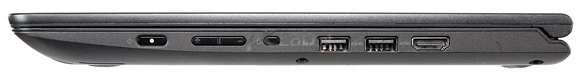 Prawa strona: wyłącznik, przyciski regulacji głośności, blokada obracania ekranu, 2 × USB 3.0, HDMI