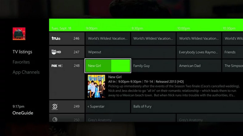 OneGuide, lista programów telewizyjnych, uruchomiona z poziomu aplikacji TV