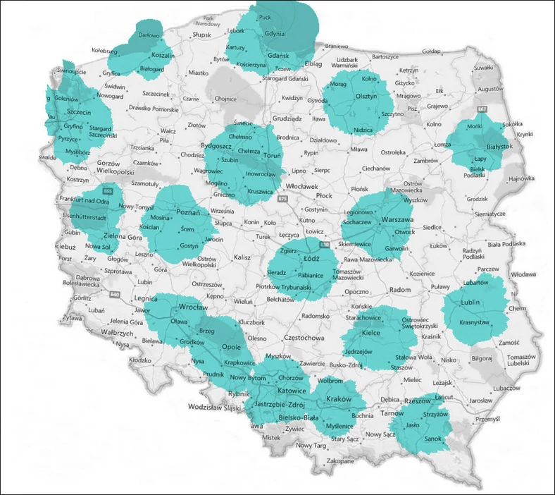 Mapa zasięgu DAB+ w Polsce. Źródło: Polskie Radio