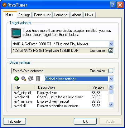 Popularny RivaTuner wskazuje, że GeForce 6600 GT to układ o 8 potokach renderujących, 1 jednostce TMU w potoku (8x1) i 3 procesorach wierzchołków (3vp)