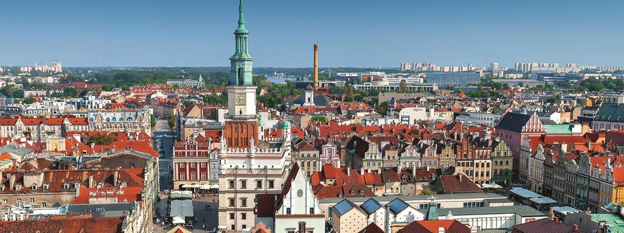 View from Castle tower on town hall and old buildings in center of polish city Poznan, Poland.