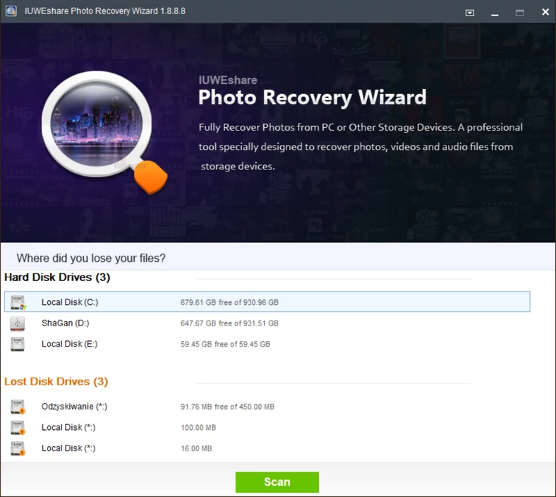 Główne okno programu do odzyskiwania obrazów - IUWEshare Photo Recovery Wizard