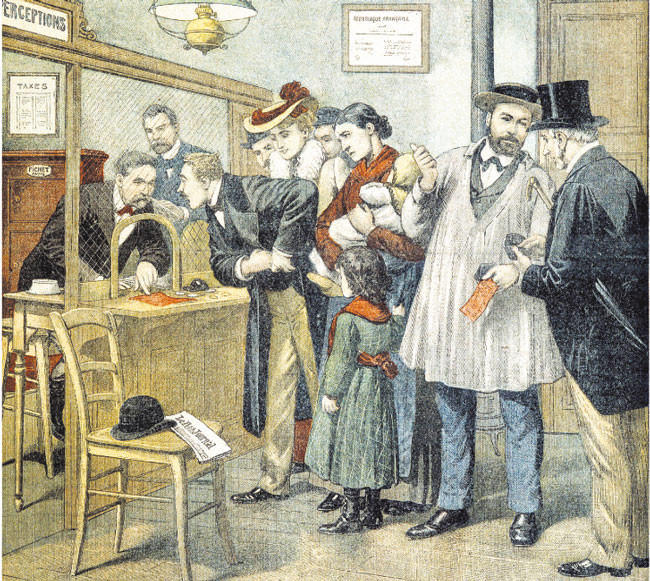 Kolejka w biurze podatkowym. Ilustracja z „Le Petit Journal” 1903 r. Leemage/Fotolink