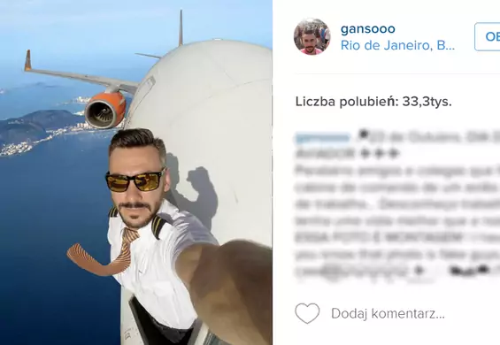 Pilot samolotu i jego niesamowite selfie z głową za oknem. Sprytny fotomontaż, czy odważny wyczyn?