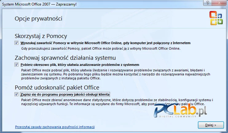 MS Office 2007 – wstępne okno konfiguracji (kliknij, aby powiększyć)