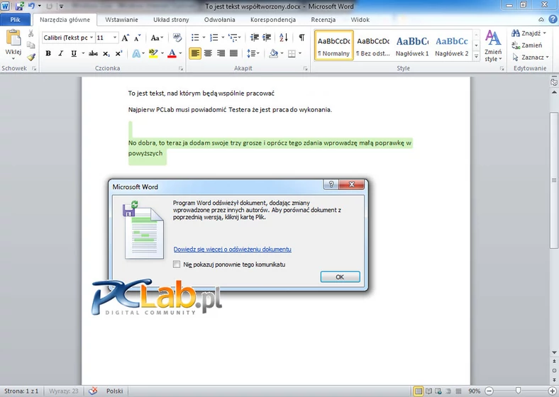 MS Word 2010 – informacje w dokumencie współtworzonym (kliknij, aby powiększyć)
