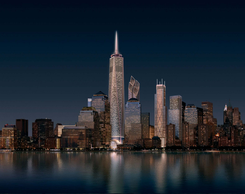 Wizualizacja: Dolny Manhattan z nowymi wieżowcami i dominującą Freedom Tower ą w miejscu zburzonych wież World Trade CEnter