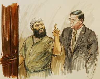 Rysunek z sali sądowej przedstawijący Zacariasa Moussaoui wykrzykującego: "Będę wolny! Wyjdę, zanim George Bush zakończy kadencję".