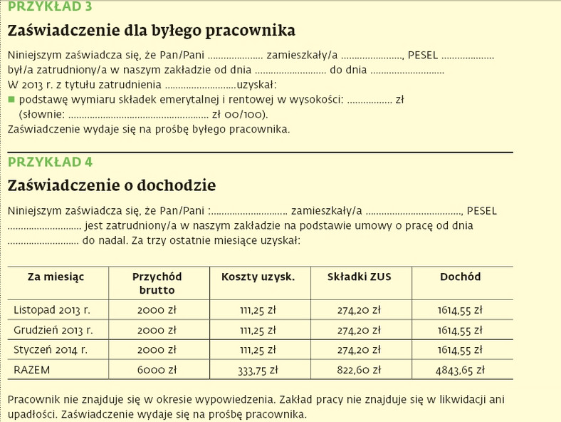 Zaświadczenie dla banku: Przykłady 3,4