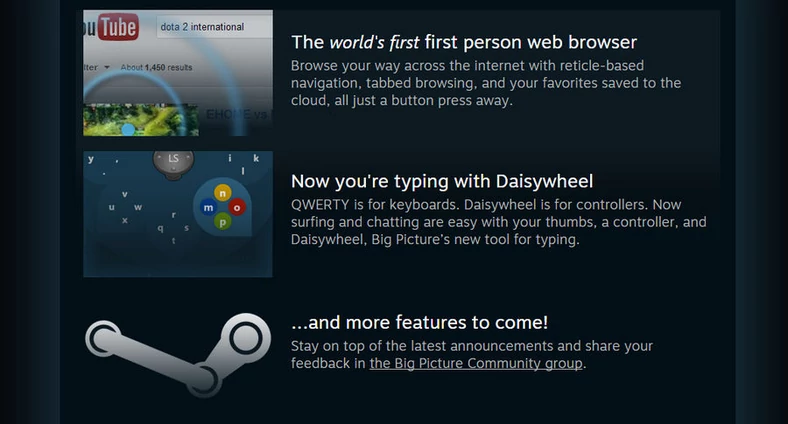 Steam chwali się, że przeglądarką internetową sterujemy za pomocą analogowej gałki pada i celownika jak z gier first person